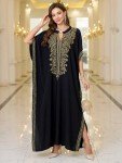Women Golden Floral Embroidery V Neck Kaftan Loose Oversized Casual Beach Cover Up Long Caftans Bathing Suit Maxi Dress Black