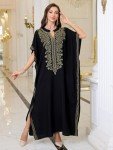 Women Golden Floral Embroidery V Neck Kaftan Loose Oversized Casual Beach Cover Up Long Caftans Bathing Suit Maxi Dress Black