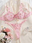 Lilosy Sexy Cute Underwire Push Up Strappy Heart Embroidered Mesh Sheer Lingerie Set for Women See Through Bra and Panty 2 Piece Bow Flower Pink Medium