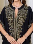 Women Golden Floral Embroidery V Neck Kaftan Loose Oversized Casual Beach Cover Up Long Caftans Bathing Suit Maxi Dress Black