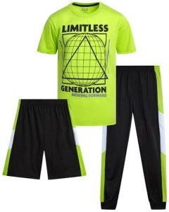 Pro Athlete Boys' Active Pants Set - 3 Piece Performance T-Shirt Shorts and Jogger Sweatpants - Sport Outfit for Boys (8-16), Size 8, Lime/Black/Black Print
