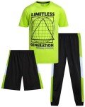 Pro Athlete Boys' Active Pants Set - 3 Piece Performance T-Shirt Shorts and Jogger Sweatpants - Sport Outfit for Boys (8-16), Size 8, Lime/Black/Black Print