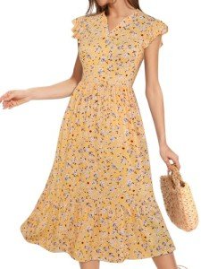 YIOYOLA Midi Dresses for Women 2025 Casual with Pockets Notched Neck Aline Tiered Summer Sundress(YYL329-Yellow Floral 04,S)