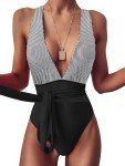 Lilosy Sexy Tie Criss Cross Plunge One Piece Thong Swimsuit High Cut Brazilian Bathing Suit Lace Up Neck Backless Waisted Low Leg Rise Cheeky Bikini Women Back Monokini Black White Stripe M