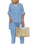DEPENSL Women's Linen Pants Suit Casual 2 Piece Outfits Cotton Linen Sets Long Sleeve Top Shirts Wide Leg Trousers with Pockets(Blue01, Large)