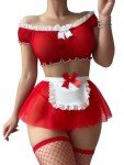 Foxiny Plus Size Curvy Sexy Stockings Mini Skirt Mesh Sheer Lace Costume Outfit Lingerie with Thong Set 4 Piece Women See Through Matching Bra Panty Underwear Red 4X-Large