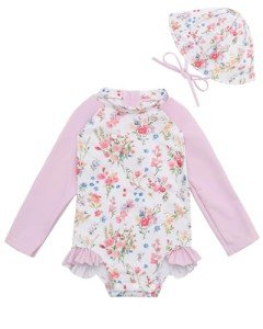 babygoal Toddler Baby Girl One-Piece Swimsuit Long Sleeve Rash Guard with Hat Set, Floral Zipper Toddler Bathing Suit for Beach & Pool- YZU03-2-3T-B Flower