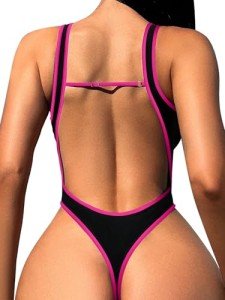 Foxiny Sexy Backless Cheeky High Cut Leg Thong V Neck Tummy Control One Piece Swimsuit Women Brazilian Open Back Bathing Suit Bikini Black Hot Pink Small