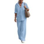 DEPENSL Women 2 Piece Cotton Linen Outfits Casual Loose Roll Up Sleeve Button Top Shirt High Waist Wide Leg Pants Sets with Pockets(Blue03, L)