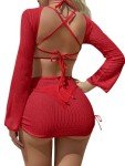 Lilosy Petite Sexy O Ring Cutout Long Sleeve Swimwear Cover Ups Swimsuit Women Mesh See Through Bathing Suit Sheer Bikini Swim Beach Backless String Tie Side Dress Top Bottom 3 Piece Red X-Small