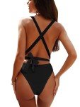 Lilosy Sexy Tie Criss Cross Plunge One Piece Thong Swimsuit High Cut Brazilian Bathing Suit Lace Up Neck Backless Waisted Low Leg Rise Cheeky Bikini Women Back Monokini Black White Stripe M