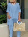 DEPENSL Women's Linen Pants Suit Casual 2 Piece Outfits Cotton Linen Sets Long Sleeve Top Shirts Wide Leg Trousers with Pockets(Blue01, Large)