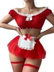 Foxiny Plus Size Curvy Sexy Stockings Mini Skirt Mesh Sheer Lace Costume Outfit Lingerie with Thong Set 4 Piece Women See Through Matching Bra Panty Underwear Red 4X-Large