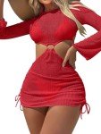 Lilosy Petite Sexy O Ring Cutout Long Sleeve Swimwear Cover Ups Swimsuit Women Mesh See Through Bathing Suit Sheer Bikini Swim Beach Backless String Tie Side Dress Top Bottom 3 Piece Red X-Small