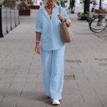 DEPENSL Women 2 Piece Cotton Linen Outfits Casual Loose Roll Up Sleeve Button Top Shirt High Waist Wide Leg Pants Sets with Pockets(Blue03, L)