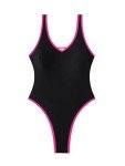 Foxiny Sexy Backless Cheeky High Cut Leg Thong V Neck Tummy Control One Piece Swimsuit Women Brazilian Open Back Bathing Suit Bikini Black Hot Pink Small