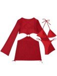 Lilosy Petite Sexy O Ring Cutout Long Sleeve Swimwear Cover Ups Swimsuit Women Mesh See Through Bathing Suit Sheer Bikini Swim Beach Backless String Tie Side Dress Top Bottom 3 Piece Red X-Small