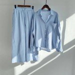 DEPENSL Women 2 Piece Cotton Linen Outfits Casual Loose Roll Up Sleeve Button Top Shirt High Waist Wide Leg Pants Sets with Pockets(Blue03, L)