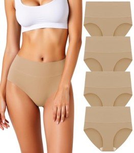 HOHOCHIN Women's Seamless Underwear High Waisted Tummy Control No Show Panties Full Coverage Stretch Briefs 4 Pack (US, Alpha, Medium, Regular, Regular, B-4 Pack-Beige)