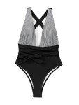 Lilosy Sexy Tie Criss Cross Plunge One Piece Thong Swimsuit High Cut Brazilian Bathing Suit Lace Up Neck Backless Waisted Low Leg Rise Cheeky Bikini Women Back Monokini Black White Stripe M