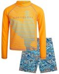 Body Glove Boys Swim Set - 2 Piece Boys Swim Trunks with Rash Guard UV Protection Swimsuit Kids Bathing Suits (Sizes 4-12), Size 5, Orange Swirl Surf