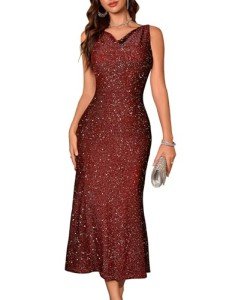 BeryLove Women Sequin Formal Wedding Guest Dress Cocktail Bodycon Gowns Glitter Gala Sleeveless Gown Classy Ruched Cowl Neck Midi Prom Sparkle Party Dresses R0035 Burgundy L