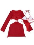 Lilosy Petite Sexy O Ring Cutout Long Sleeve Swimwear Cover Ups Swimsuit Women Mesh See Through Bathing Suit Sheer Bikini Swim Beach Backless String Tie Side Dress Top Bottom 3 Piece Red X-Small
