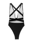 Lilosy Sexy Tie Criss Cross Plunge One Piece Thong Swimsuit High Cut Brazilian Bathing Suit Lace Up Neck Backless Waisted Low Leg Rise Cheeky Bikini Women Back Monokini Black White Stripe M