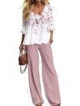 DEPENSL Summer Two Piece Sets for Women Boho Floral Print Pants Suit Loose Long Sleeve Top Shirt Wide Leg Trouser(Pink04, M)