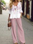 DEPENSL Summer Two Piece Sets for Women Boho Floral Print Pants Suit Loose Long Sleeve Top Shirt Wide Leg Trouser(Pink04, M)