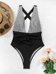 Lilosy Sexy Tie Criss Cross Plunge One Piece Thong Swimsuit High Cut Brazilian Bathing Suit Lace Up Neck Backless Waisted Low Leg Rise Cheeky Bikini Women Back Monokini Black White Stripe M