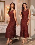 BeryLove Women Sequin Formal Wedding Guest Dress Cocktail Bodycon Gowns Glitter Gala Sleeveless Gown Classy Ruched Cowl Neck Midi Prom Sparkle Party Dresses R0035 Burgundy L
