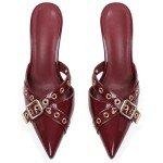 AMINUGAL Burgundy Slingback Kitten Heels for Women Pointed Closed Toe Studded Stiletto Heeled Sandals Mules Buckle Slip on High Heel Red Women's Pumps Shoes Dress Trendy Party Size 6