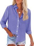 Womens Button Down Shirts Cotton Dress Shirts Oxford Shirts Long Sleeve Work Blouses Collared Tops Tunics with Pocket-Deep Forte Blue 3XL