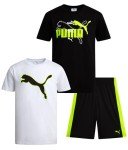 PUMA Boys' Active Shorts Set - 3 Piece Performance T-Shirt, Dry Fit Tank Top, and Gym Shorts - Activewear Set for Boys (4-16), Size 10-12, Black/Lime