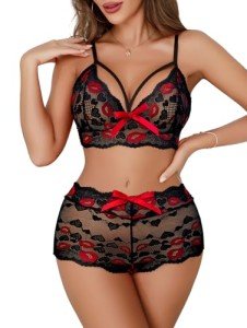 Lilosy Plus Size Sexy Strappy Harness Women Floral Lace Pajamas Lingerie Set High Waist Sheer Sleepwear See Through Nightwear Bow Ties Cami Shorts Bra and Panty 2 Piece Black Red Lip XX-Large