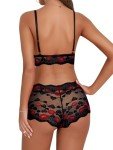 Lilosy Plus Size Sexy Strappy Harness Women Floral Lace Pajamas Lingerie Set High Waist Sheer Sleepwear See Through Nightwear Bow Ties Cami Shorts Bra and Panty 2 Piece Black Red Lip XX-Large