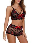 Lilosy Plus Size Sexy Strappy Harness Women Floral Lace Pajamas Lingerie Set High Waist Sheer Sleepwear See Through Nightwear Bow Ties Cami Shorts Bra and Panty 2 Piece Black Red Lip XX-Large