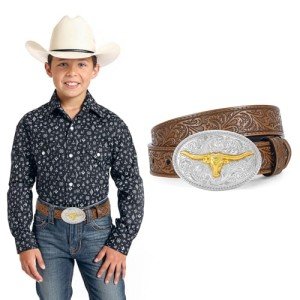 JKEEMI Kids Western Belt for Boys Girls, Embossed Genuine Leather Cowboy Cowgirl Belt for Jeans Pant Dresses Gift