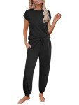 Ekouaer Pajamas for women 2 Piece Lounge Set Cap Sleeve Sleepwear Joggers Pants Pjs with Pockets,Black,S