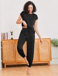 Ekouaer Pajamas for women 2 Piece Lounge Set Cap Sleeve Sleepwear Joggers Pants Pjs with Pockets,Black,S