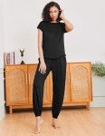 Ekouaer Pajamas for women 2 Piece Lounge Set Cap Sleeve Sleepwear Joggers Pants Pjs with Pockets,Black,S