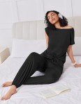 Ekouaer Pajamas for women 2 Piece Lounge Set Cap Sleeve Sleepwear Joggers Pants Pjs with Pockets,Black,S
