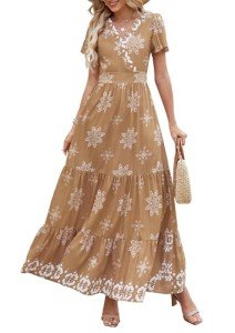 PRETTYGARDEN Womens 2025 Summer Casual V Neck Boho Maxi Dress Flowy Aline Bell Sleeve Tiered Floral Dresses with Pocket (Floral Khaki White,Medium)