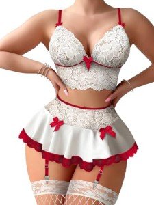 Foxiny Sexy Skirt Choker Stocking Bows Wireless Lace Garter Lingerie Set Women Sheer Floral See Through Bra Panty White Red Medium