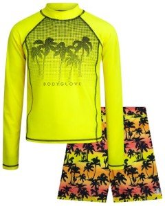 Body Glove Boys Swim Set - Boys Swim Trunks with Rash Guard UPF50+ 2 Piece Bathing Suits with Shorts Swimsuit Set (Size 4-12), Size 6, Neon Yellow Palm Trees