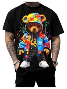 VIPWOLF Men's Cartoon Bear Graphic Tee Shirts Short Sleeve Crew Neck Cool T-Shirt Tops Black B 3X-Large