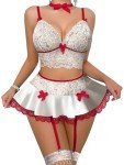 Foxiny Sexy Skirt Choker Stocking Bows Wireless Lace Garter Lingerie Set Women Sheer Floral See Through Bra Panty White Red Medium