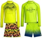 Body Glove Boys Swim Set - 4 Piece UPF 50+ Swim Trunks and Rash Guard for Boys Kids Swimwear Set (Sizes: 4-12), Size 7, Neon Green/Yellow Palm Trees