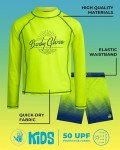 Body Glove Boys Swim Set - 4 Piece UPF 50+ Swim Trunks and Rash Guard for Boys Kids Swimwear Set (Sizes: 4-12), Size 7, Neon Green/Yellow Palm Trees
